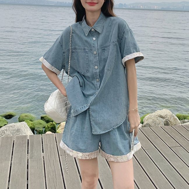 デニムセットアップ レース縁取りゆったりデニムセット