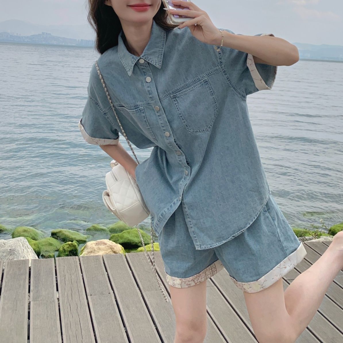 デニムセットアップ レース縁取りゆったりデニムセット
