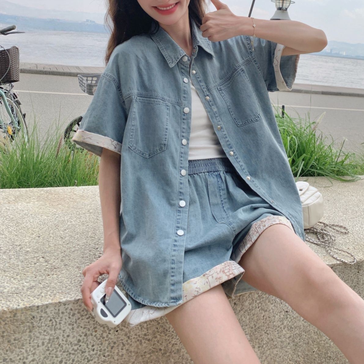 デニムセットアップ レース縁取りゆったりデニムセット