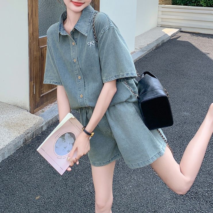 デニムセットアップ リボン刺繍ゆったりデニムセット