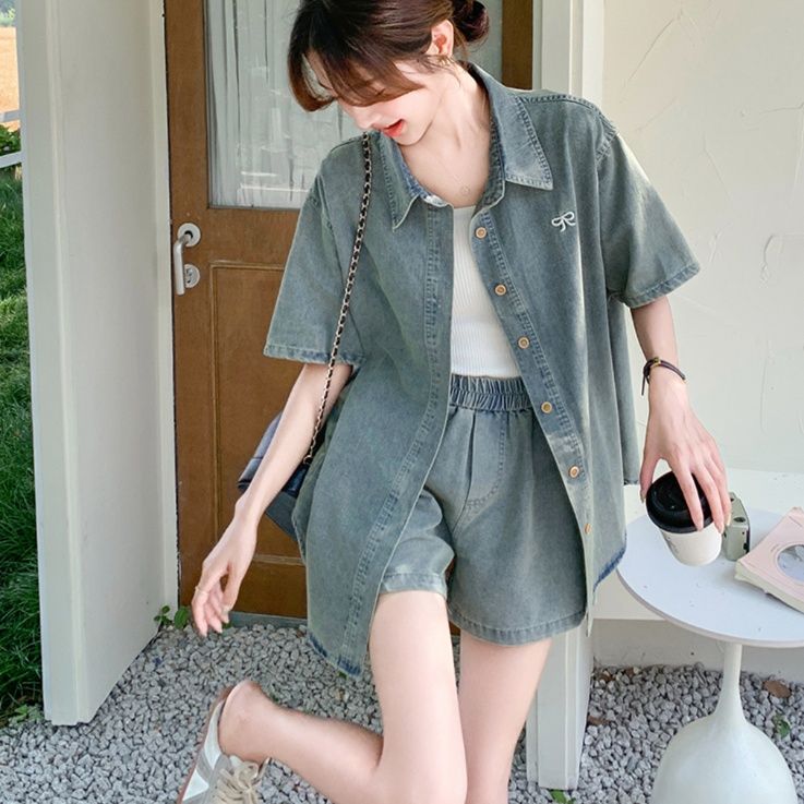 デニムセットアップ リボン刺繍ゆったりデニムセット