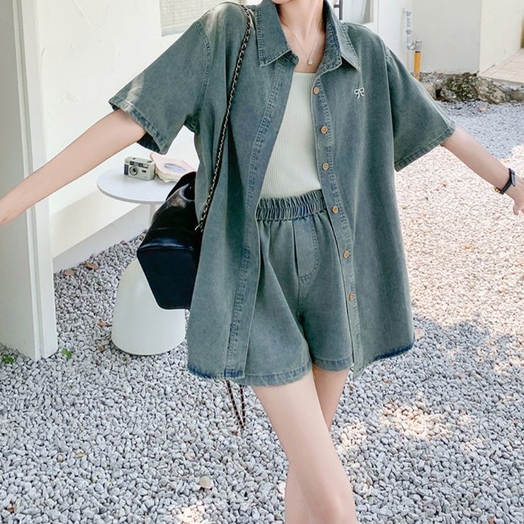 デニムセットアップ リボン刺繍ゆったりデニムセット