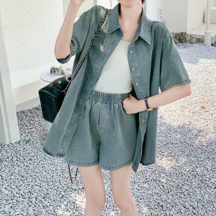 デニムセットアップ リボン刺繍ゆったりデニムセット