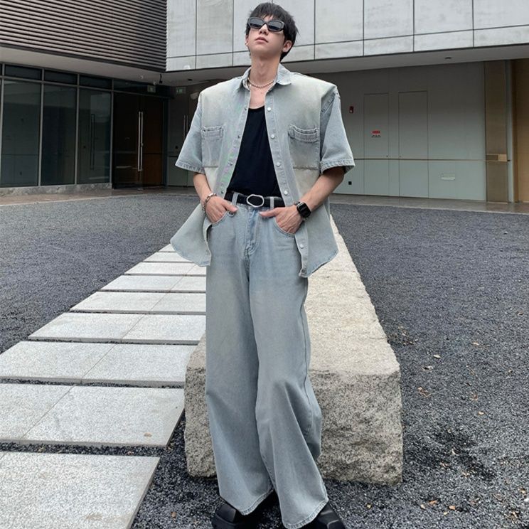 デニムセットアップ ゆとりのある半袖デニムセットアップ