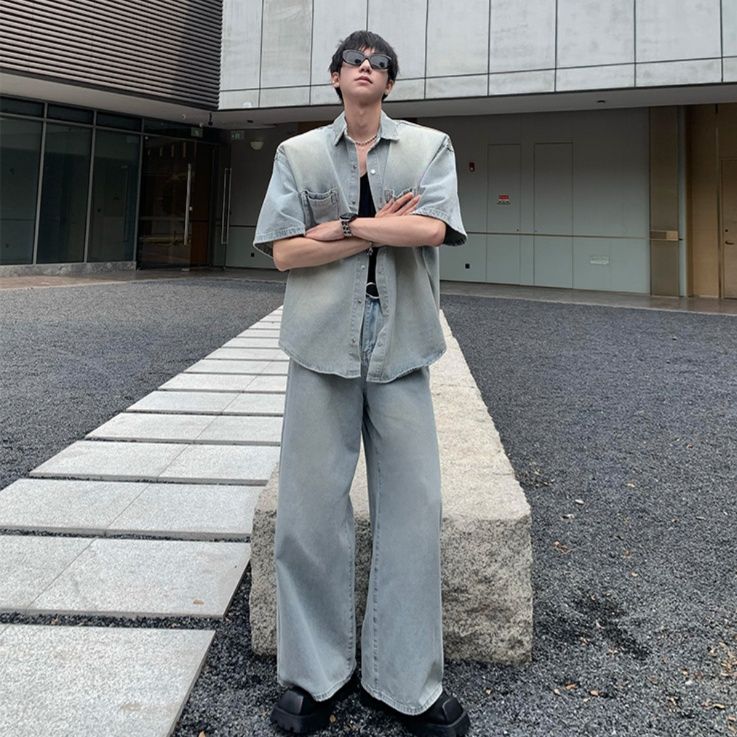 デニムセットアップ ゆとりのある半袖デニムセットアップ