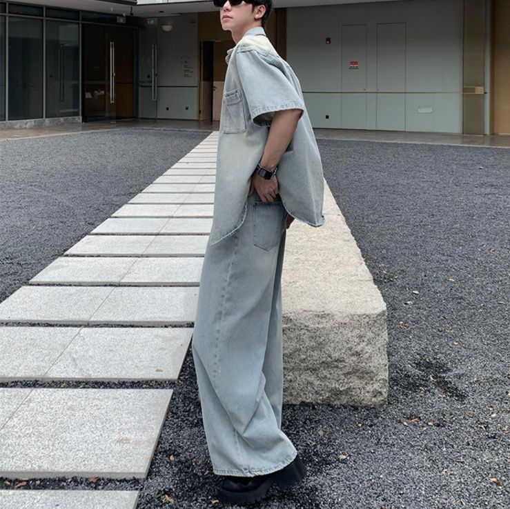 デニムセットアップ ゆとりのある半袖デニムセットアップ