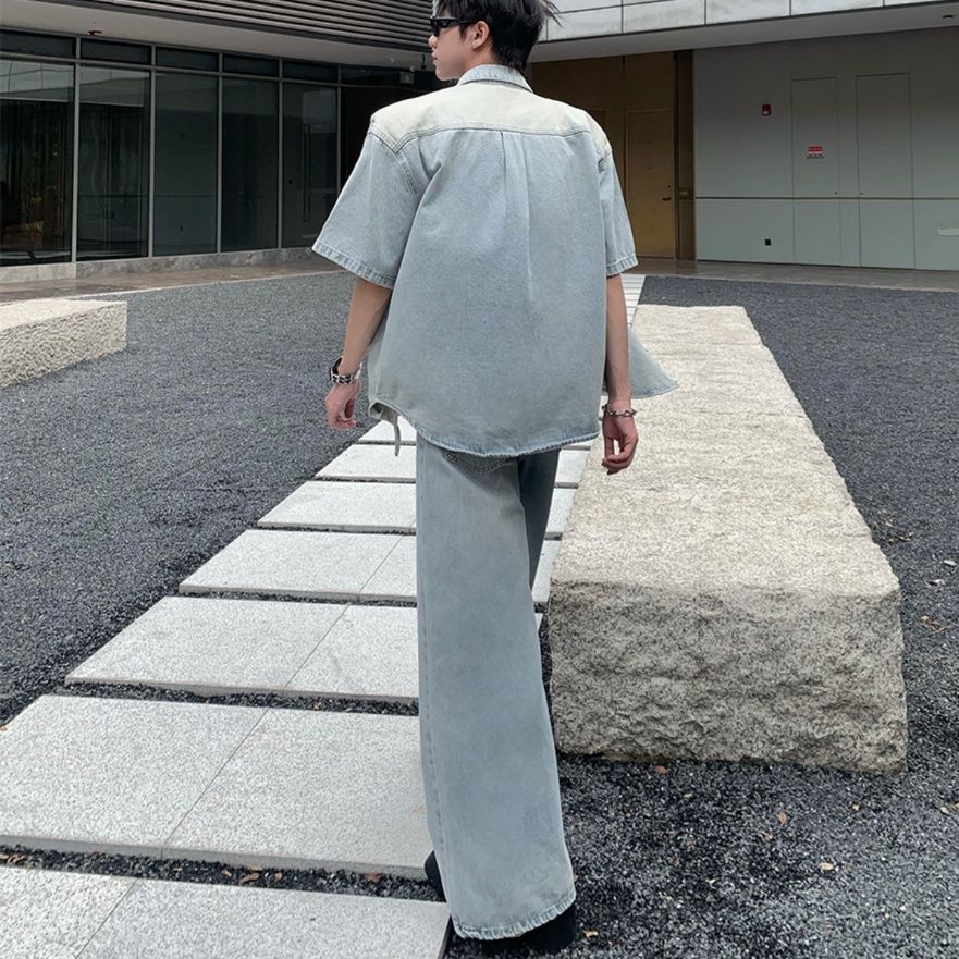 デニムセットアップ ゆとりのある半袖デニムセットアップ