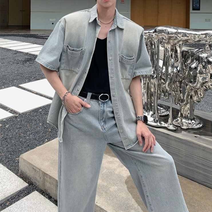 デニムセットアップ ゆとりのある半袖デニムセットアップ