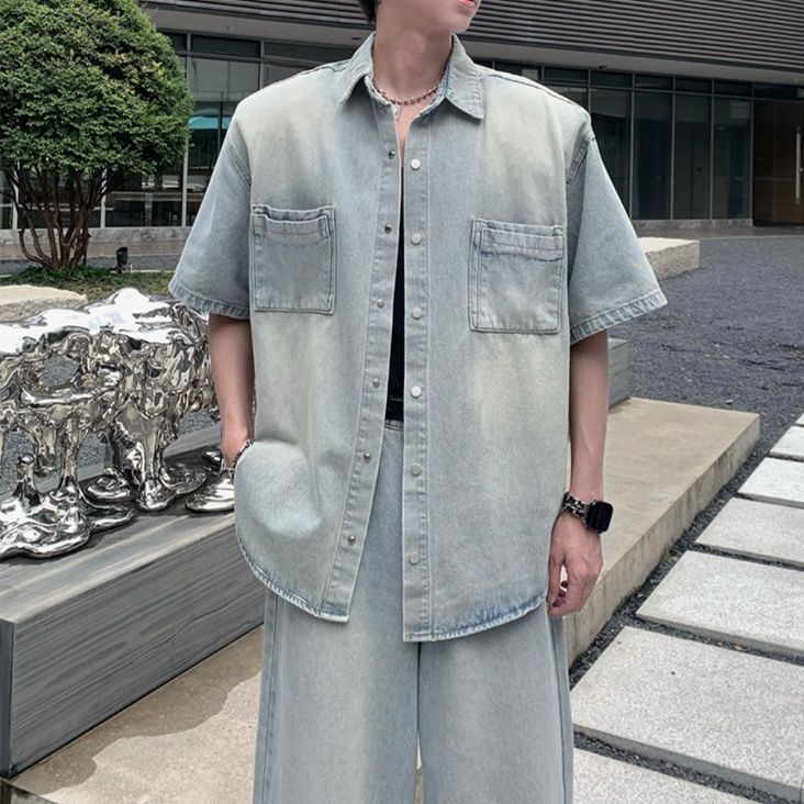 デニムセットアップ ゆとりのある半袖デニムセットアップ