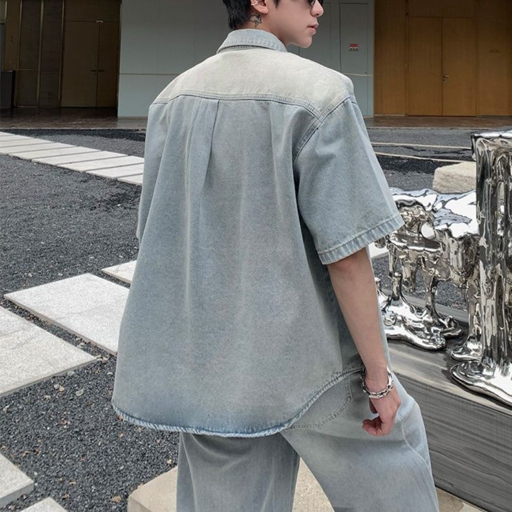 デニムセットアップ ゆとりのある半袖デニムセットアップ