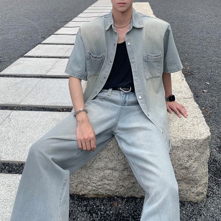 デニムセットアップ ゆとりのある半袖デニムセットアップ