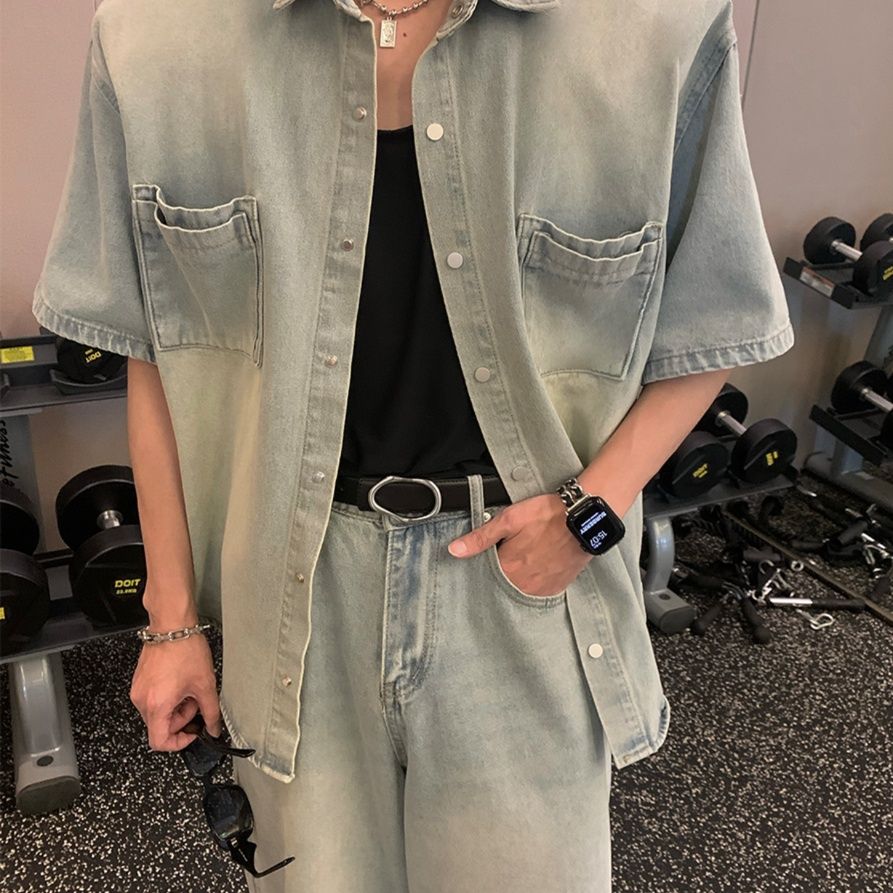 デニムセットアップ ゆとりのある半袖デニムセットアップ