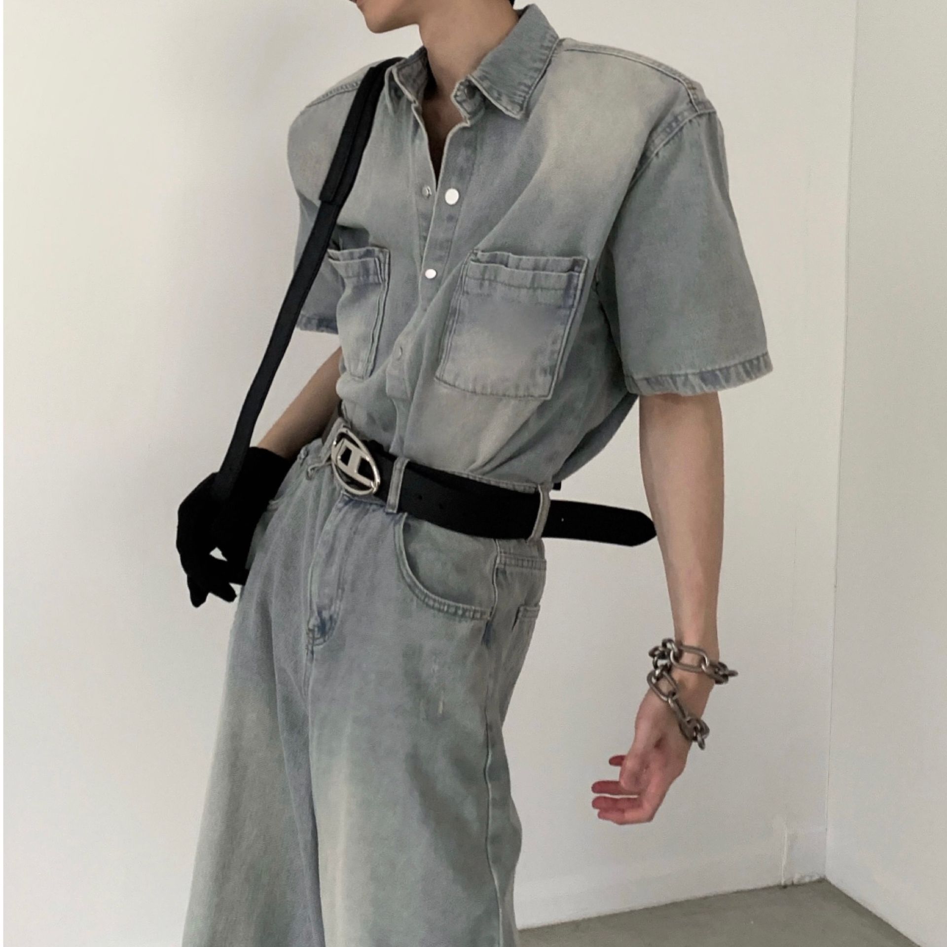 デニムセットアップ ワイドシルエット半袖デニムセットアップ