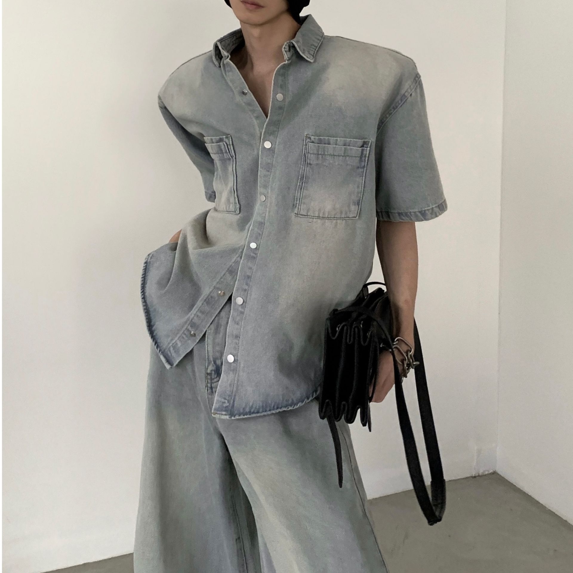 デニムセットアップ ワイドシルエット半袖デニムセットアップ