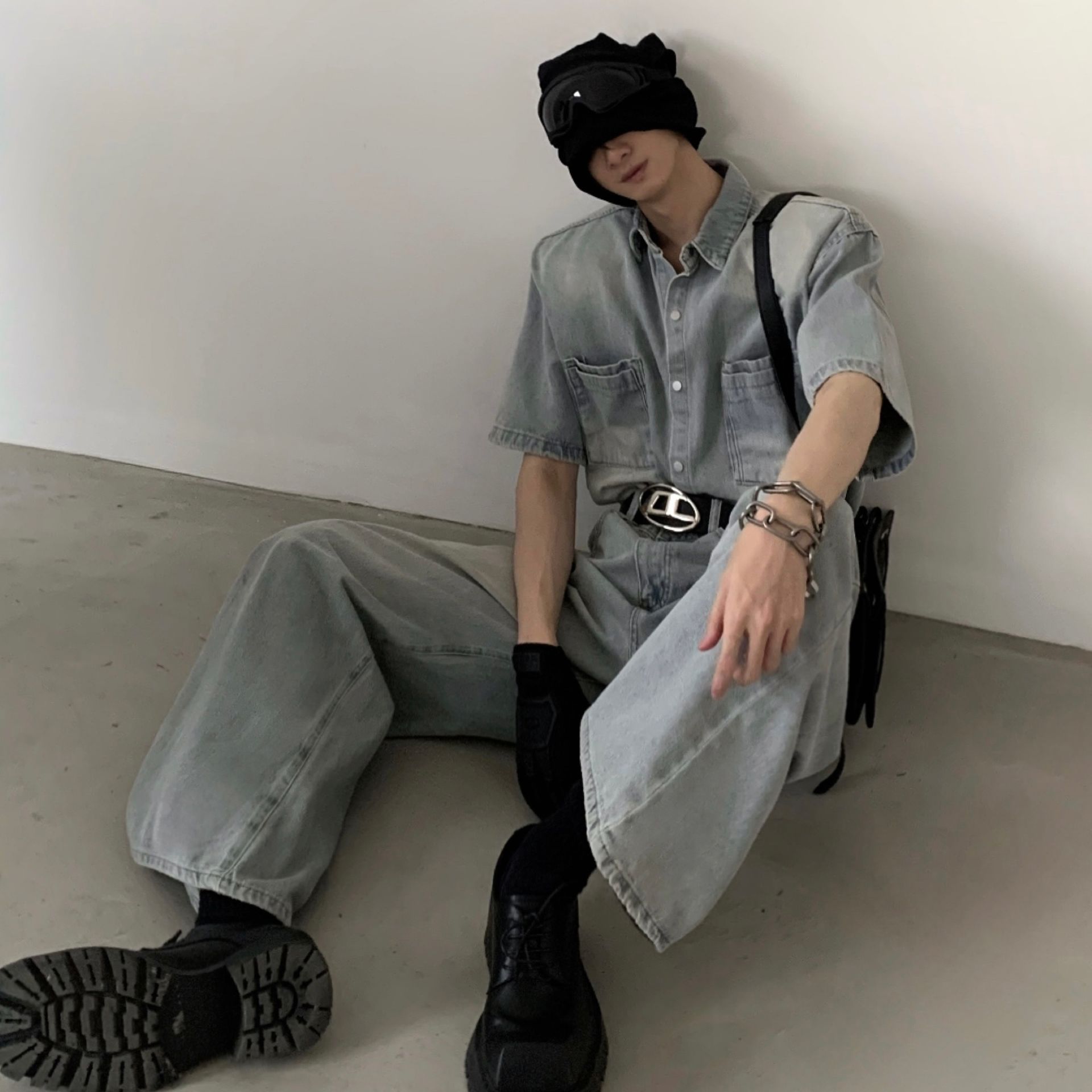 デニムセットアップ ワイドシルエット半袖デニムセットアップ