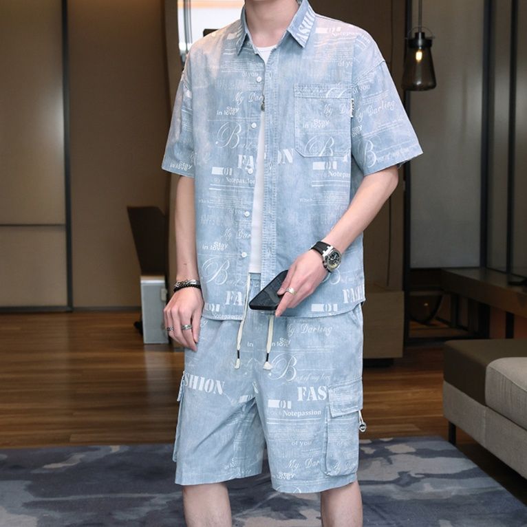 デニムセットアップ 文字プリントゆったりデニムセットアップ