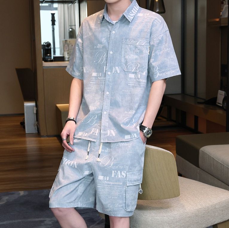 デニムセットアップ 文字プリントゆったりデニムセットアップ