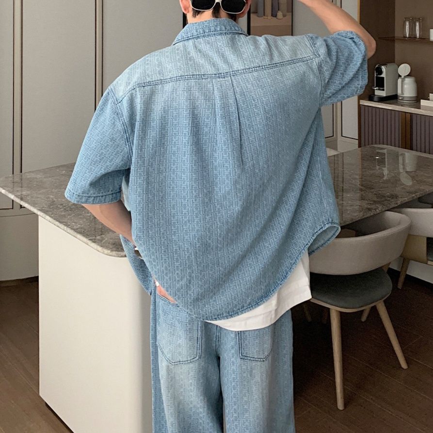 デニムセットアップ 幾何学模様デニムワイドセットアップ