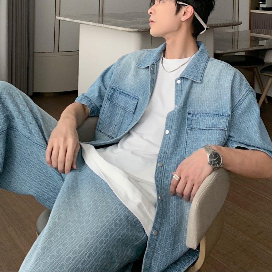 デニムセットアップ 幾何学模様デニムワイドセットアップ