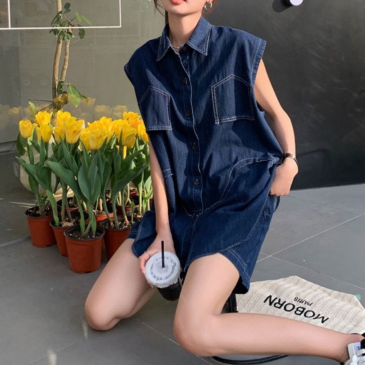 デニムセットアップ ゆったりノースリーブ風デニムセットアップ