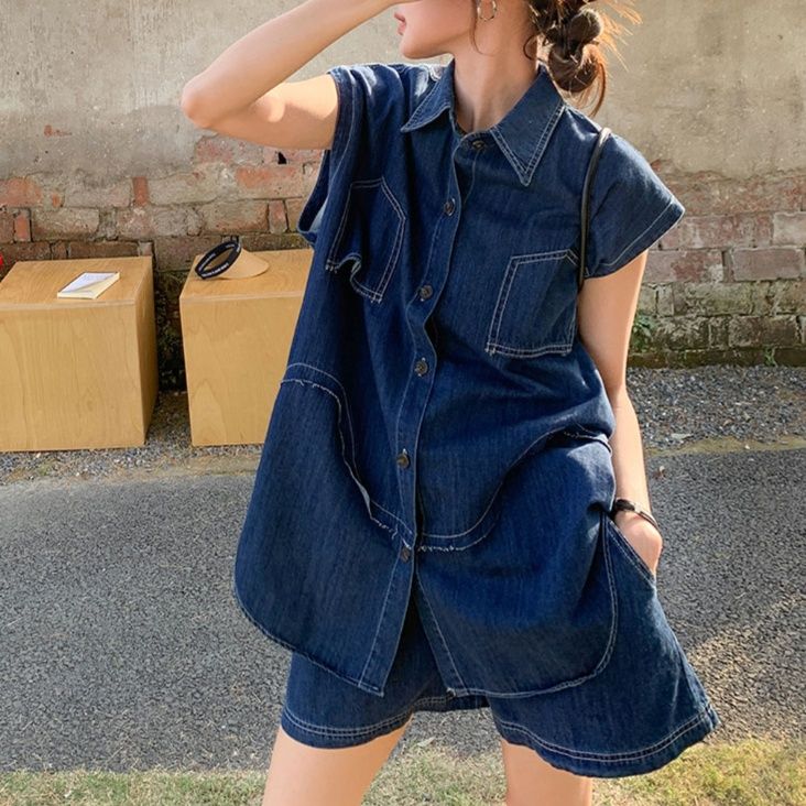 デニムセットアップ ゆったりノースリーブ風デニムセットアップ