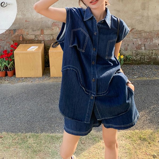 デニムセットアップ ゆったりノースリーブ風デニムセットアップ