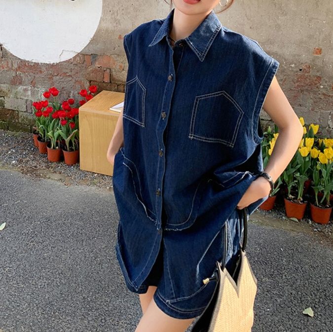 デニムセットアップ ゆったりノースリーブ風デニムセットアップ