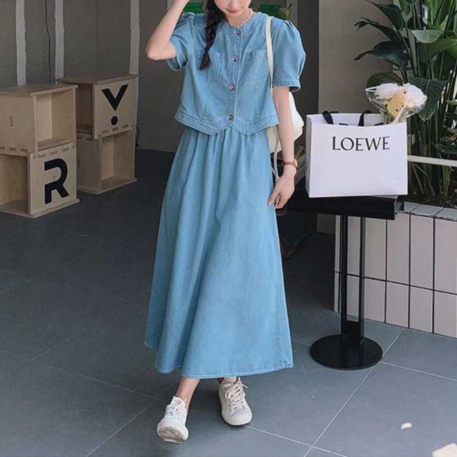 デニムセットアップ ゆったりスリーブ上品デニム二点セット