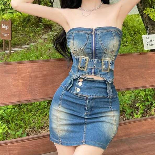 デニムセットアップ 美しいシルエット ビスチェデニムセット