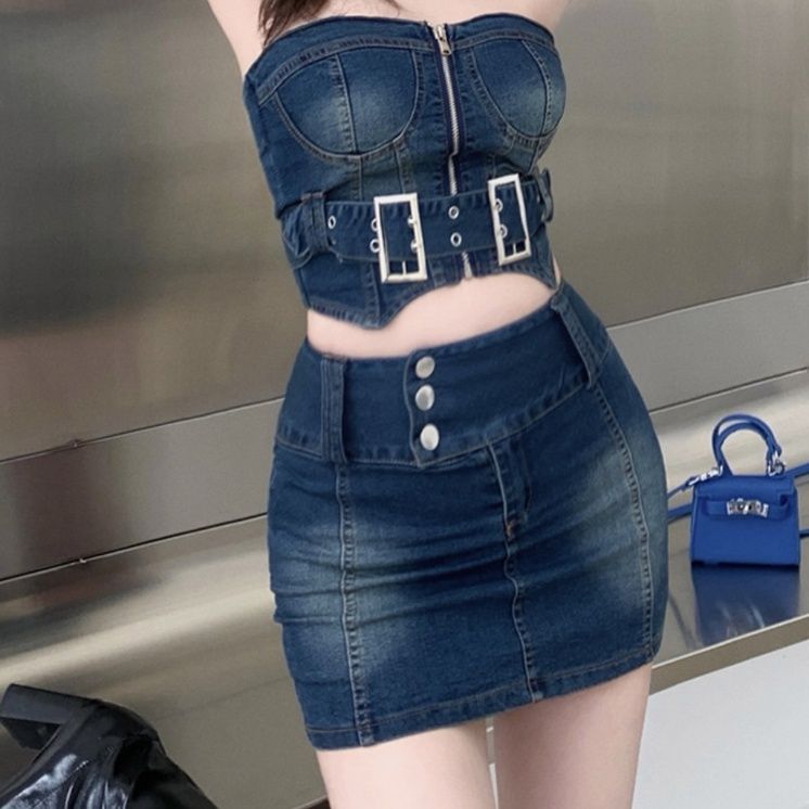 デニムセットアップ 装飾ベルト付きビスチェスカートセット