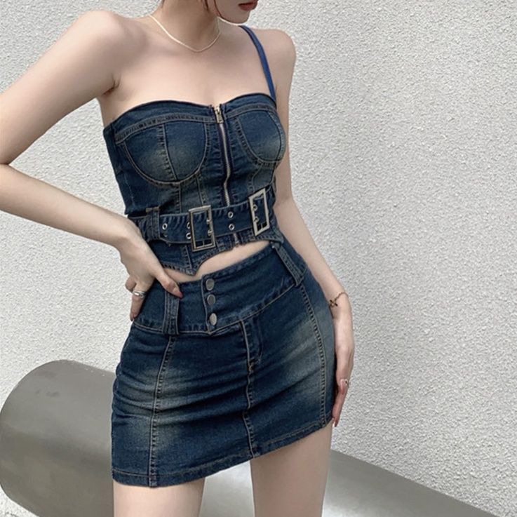 デニムセットアップ 装飾ベルト付きビスチェスカートセット