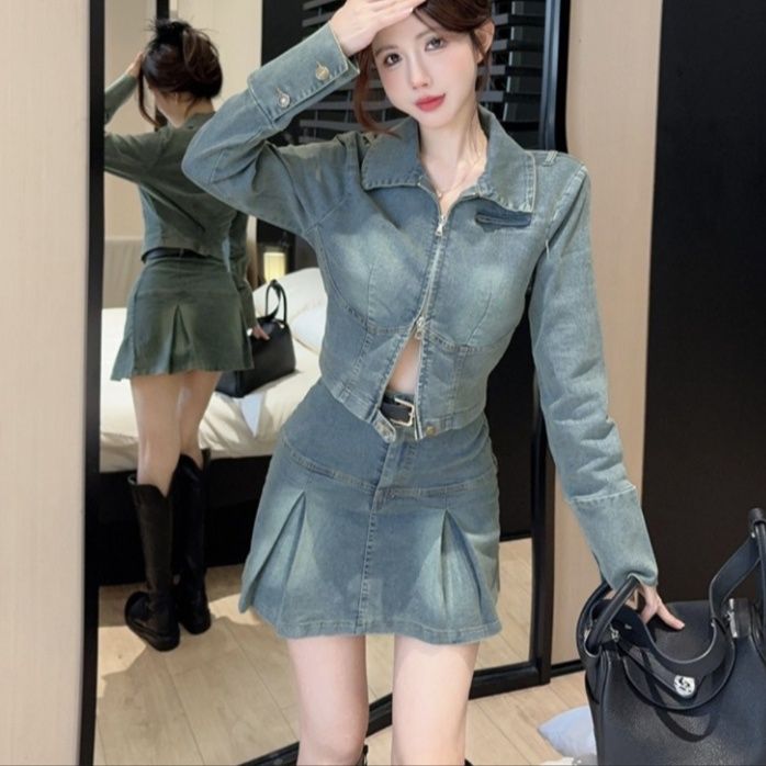 デニムセットアップ プリーツミニスカートツーピース