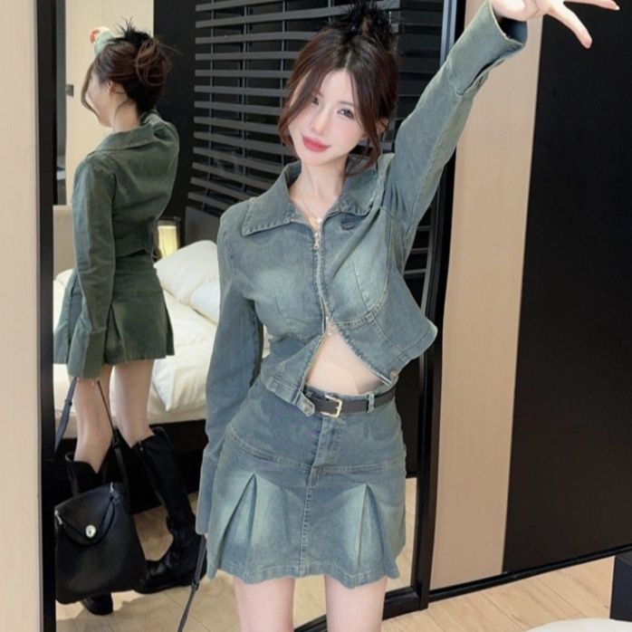 デニムセットアップ プリーツミニスカートツーピース