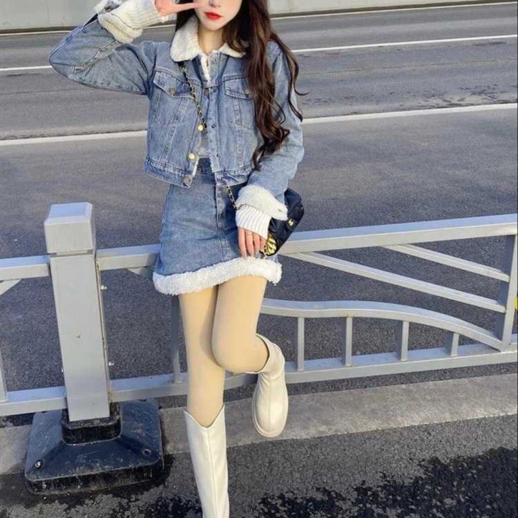 デニムセットアップ もこもこボア付きデニムセットアップ