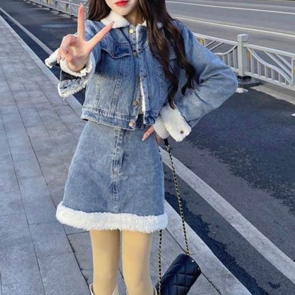 デニムセットアップ もこもこボア付きデニムセットアップ