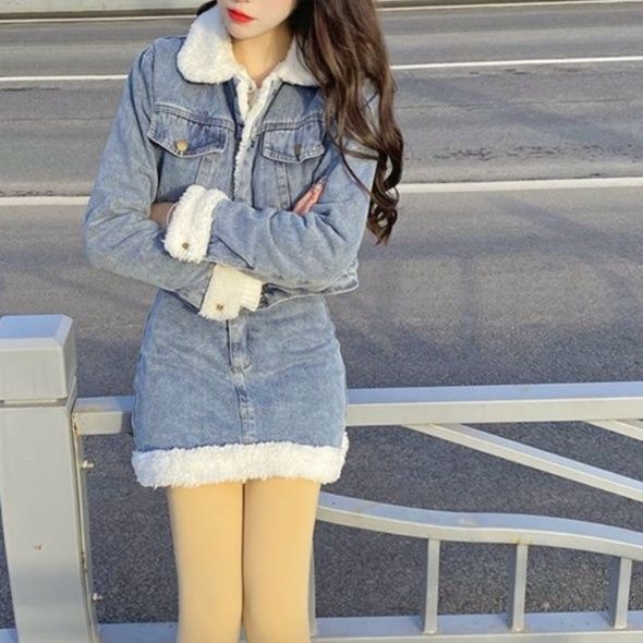 デニムセットアップ もこもこボア付きデニムセットアップ