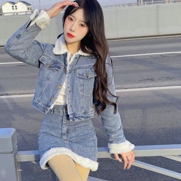 デニムセットアップ もこもこボア付きデニムセットアップ