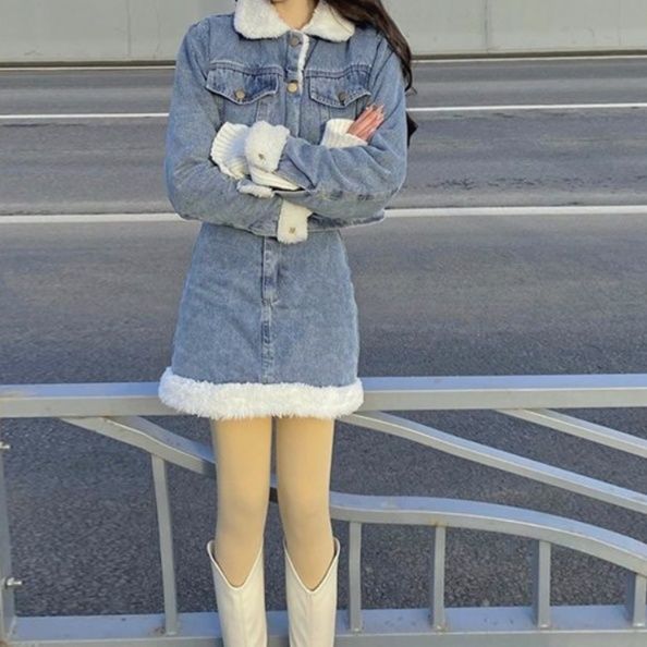 デニムセットアップ もこもこボア付きデニムセットアップ