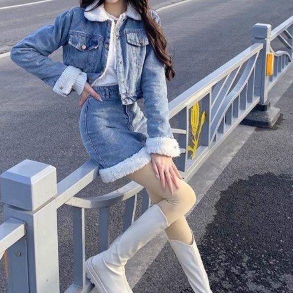 デニムセットアップ もこもこボア付きデニムセットアップ