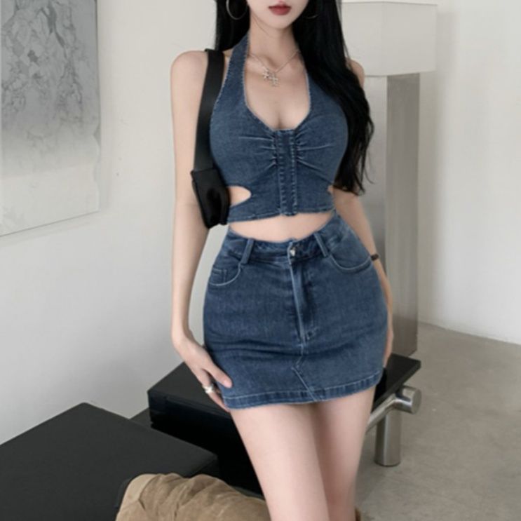 デニムセットアップ ホルターシルエット美脚セットアップ