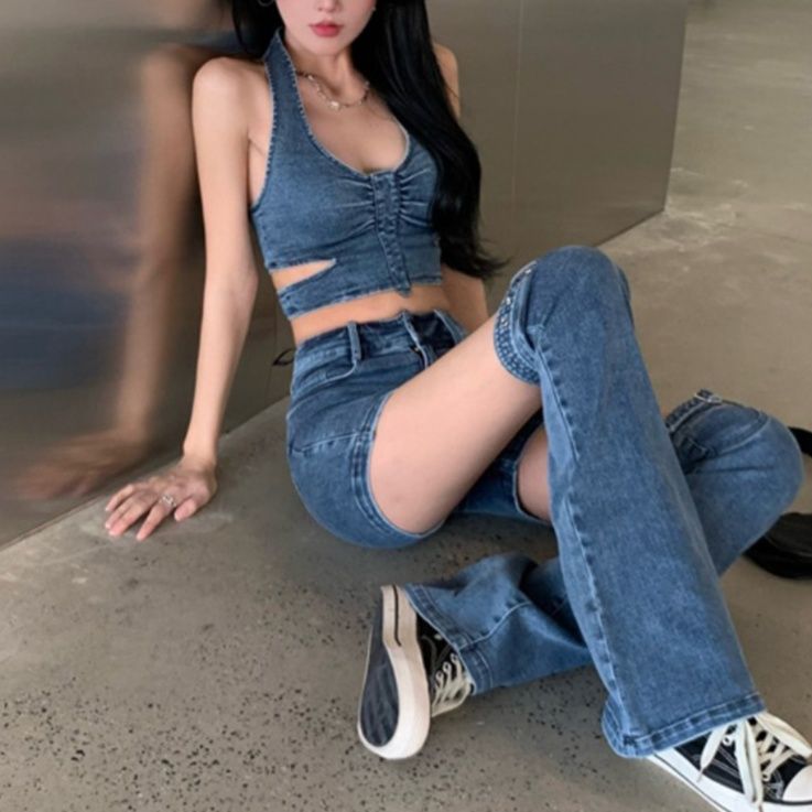 デニムセットアップ ホルターシルエット美脚セットアップ