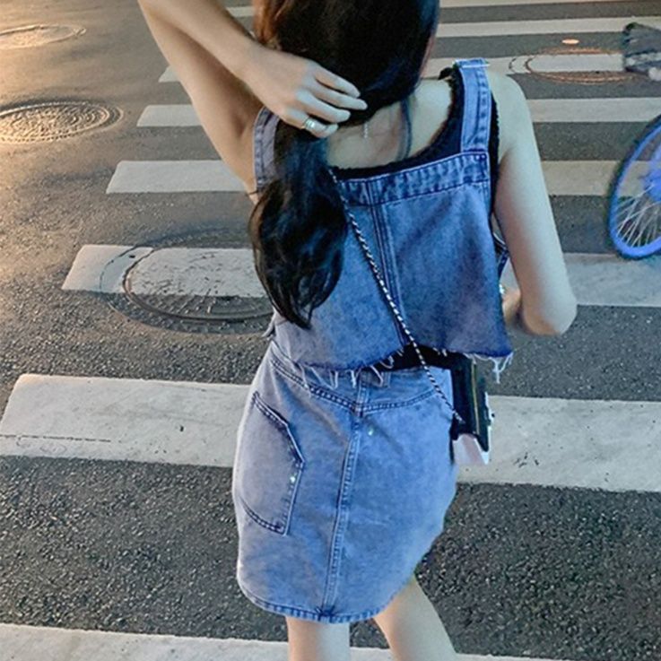 デニムセットアップ 裾フリンジ ビスチェ＆スカートセット