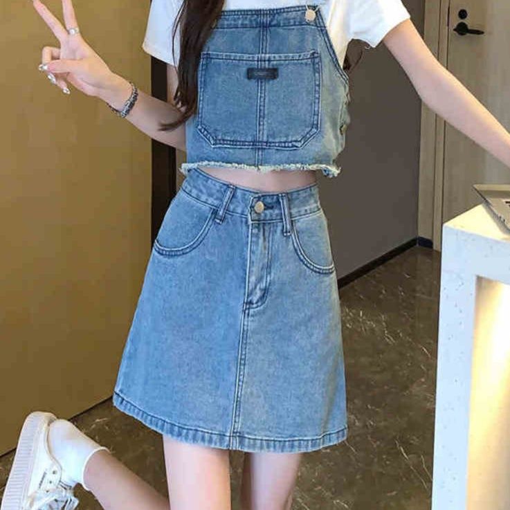 デニムセットアップ クロップドサロペット風＆ミニスカート