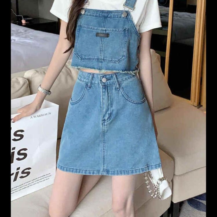 デニムセットアップ クロップドサロペット風＆ミニスカート