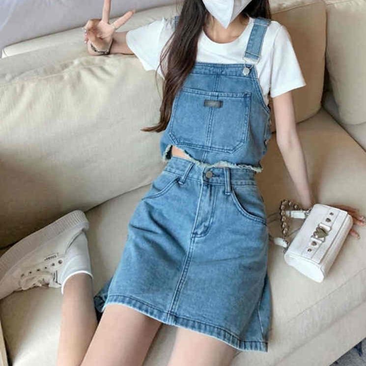 デニムセットアップ クロップドサロペット風＆ミニスカート