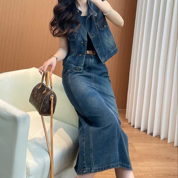 デニムセットアップ ノースリーブデニムベスト＆ロングスカート