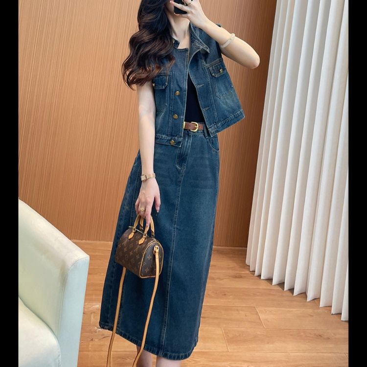 デニムセットアップ ノースリーブデニムベスト＆ロングスカート