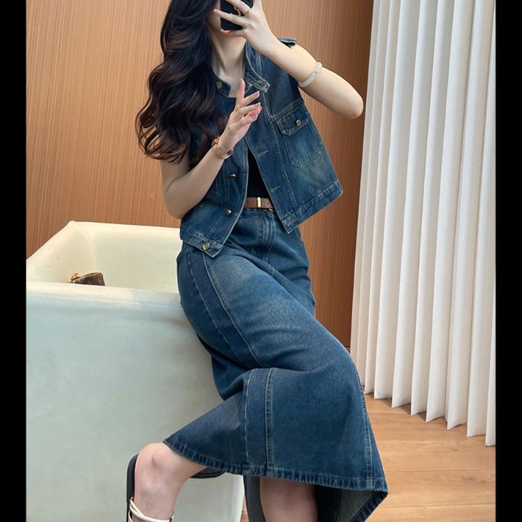 デニムセットアップ ノースリーブデニムベスト＆ロングスカート