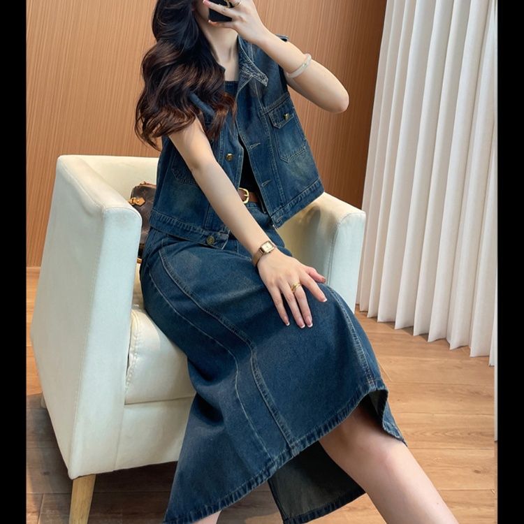 デニムセットアップ ノースリーブデニムベスト＆ロングスカート