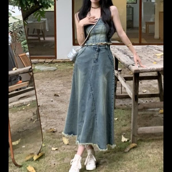 デニムセットアップ 裾フリンジロングスカートセット